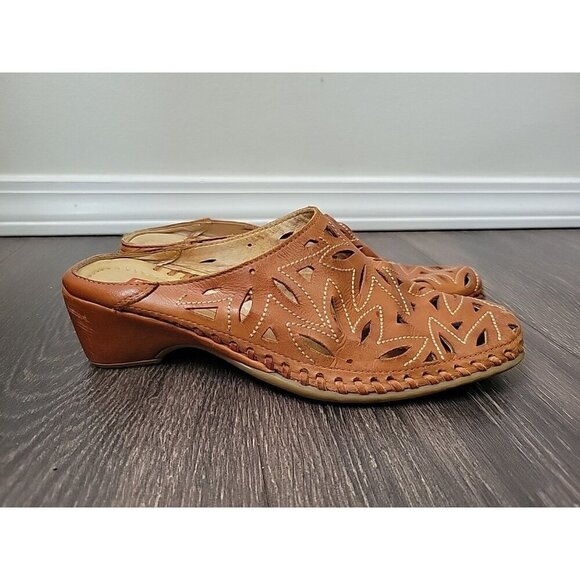 PIKOLINOS Shoes Womens EU 36 US 5.5 Brown Tan Leather Floral Cut Heel Mules - Picture 1 of 7